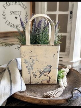 Vintage Style Metal Planter/ Tote Bird Paris Farmhouse Cottage Decor